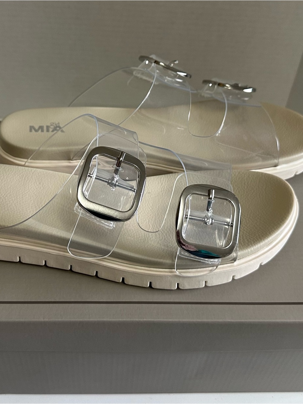 MIA Clear Double-Strap Sandals with Silver Buckles and Cream Sole